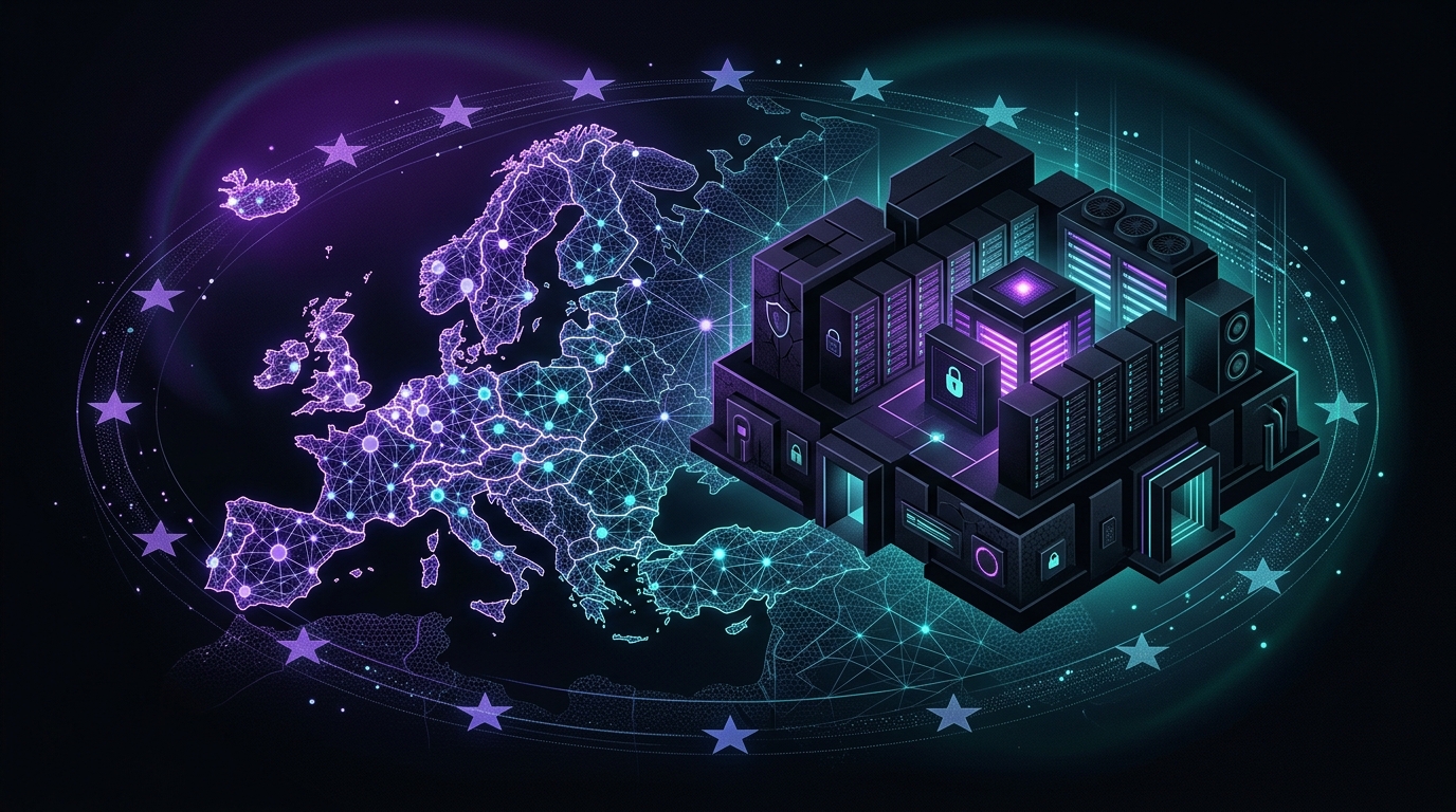 EU data residency — encrypted video hosted in the EU with a map of Europe and a secure data center
